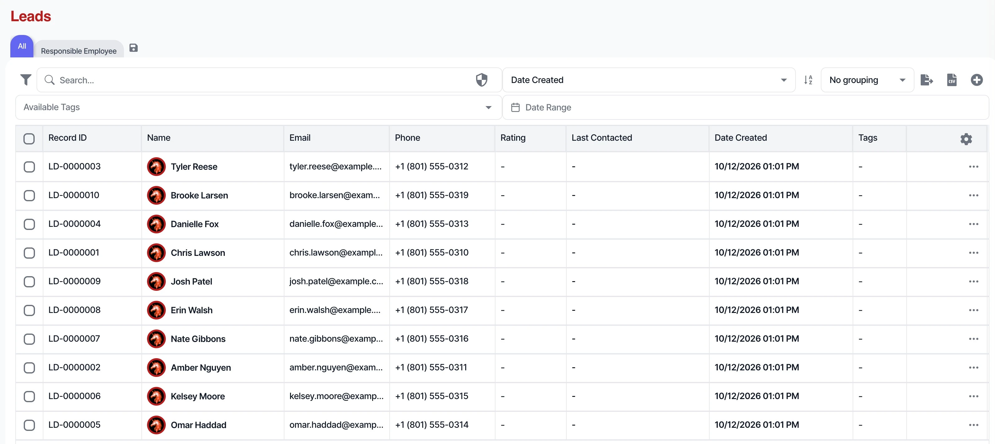 The Questic leads list showing new leads with names, emails and phone numbers