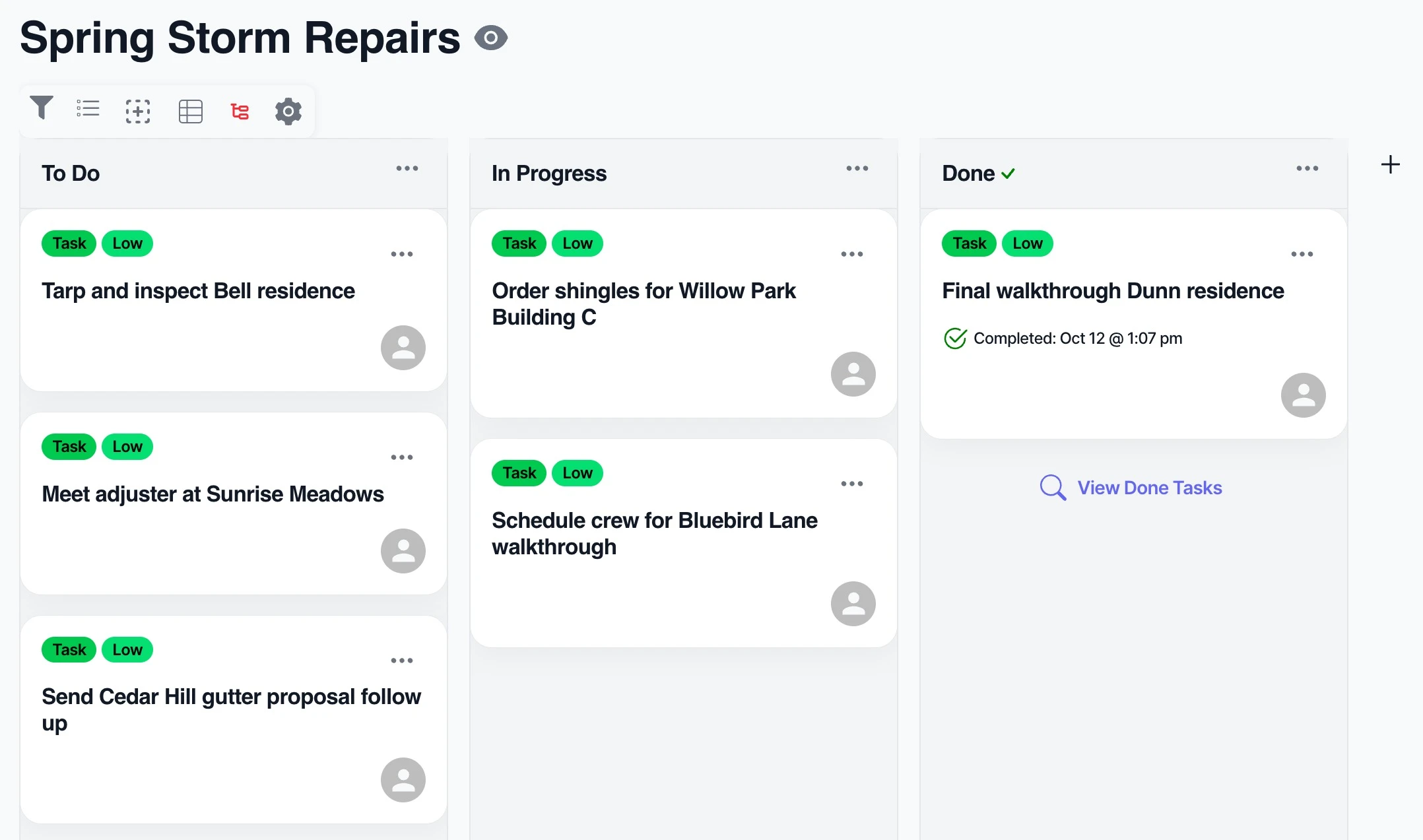 A Questic project board with tasks in To Do, In Progress and Done columns